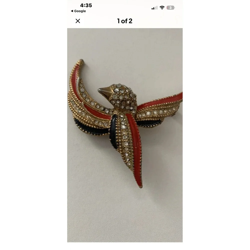 Vintage‎ Gold Tone Rhinestone Enamel Bird Brooch Red Black Swallow Pin Jewelry